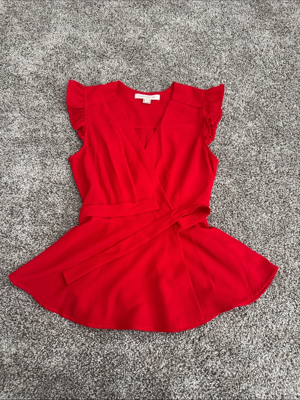 Red Wrap Style Blouse with Tie Waist and Ruffle Sleeves